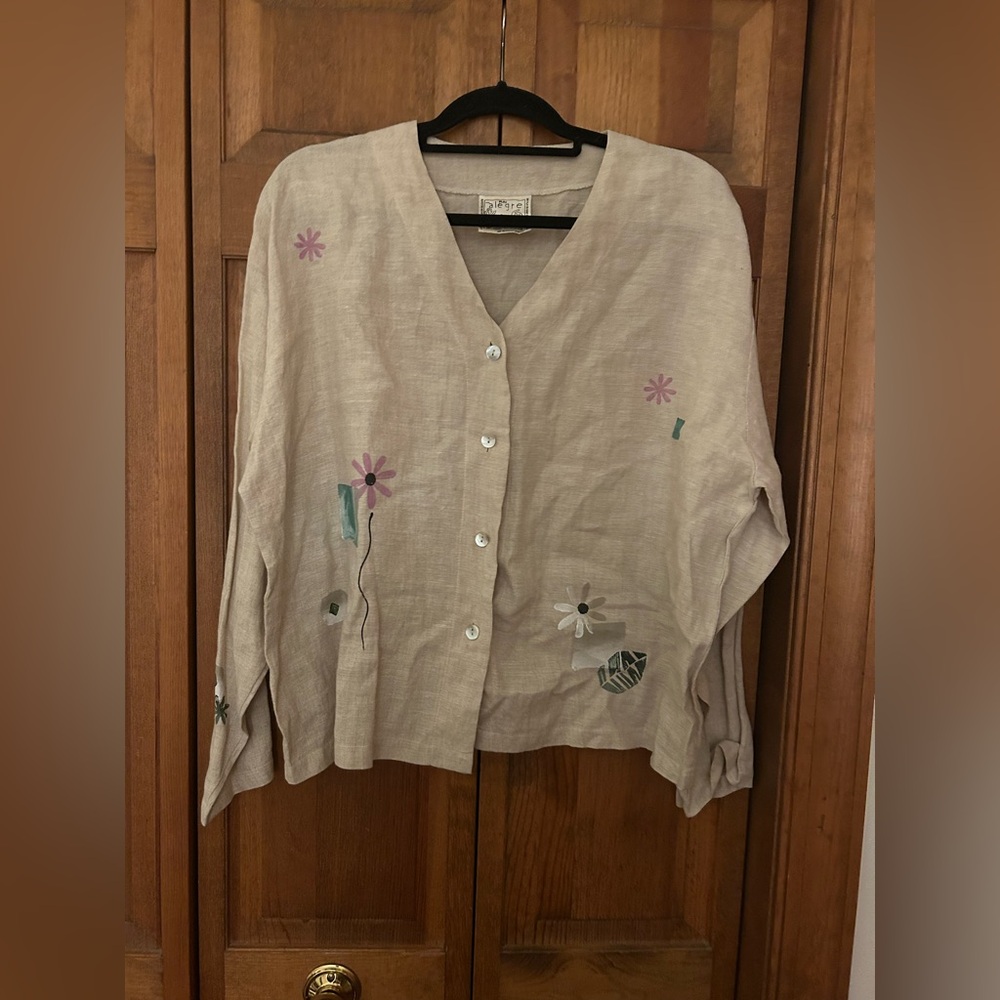 Play Alegre Women's L Bohemian Floral Tan Hand Painted Long-Sleeve Linen Blouse